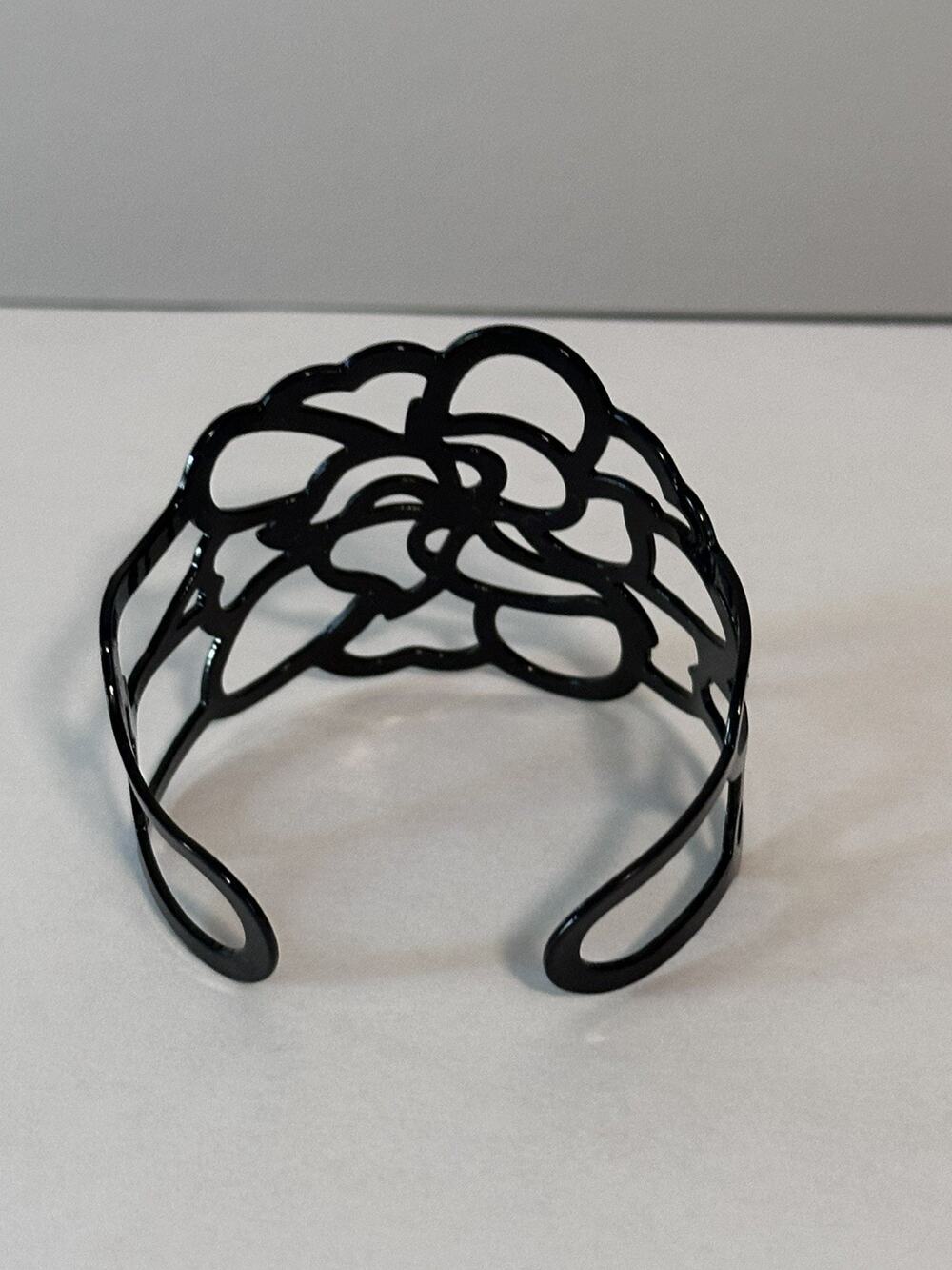 Lia Sophia Vintage Black Floral Open Cuff Bracelet Statement Cutout